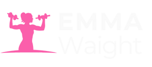 Pink silhouette of a woman lifting weights next to the text "EMMA Waight" in bold white letters.