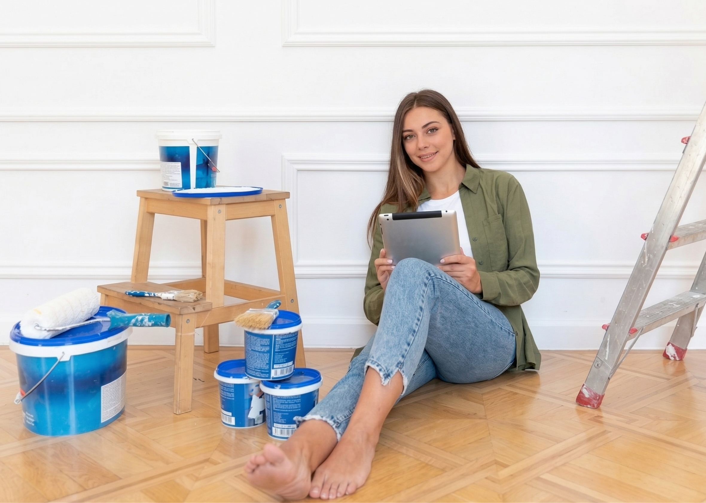 Woman sitting with tablet, surrounded by paint supplies, ladder and wooden stool in a home improvement setting