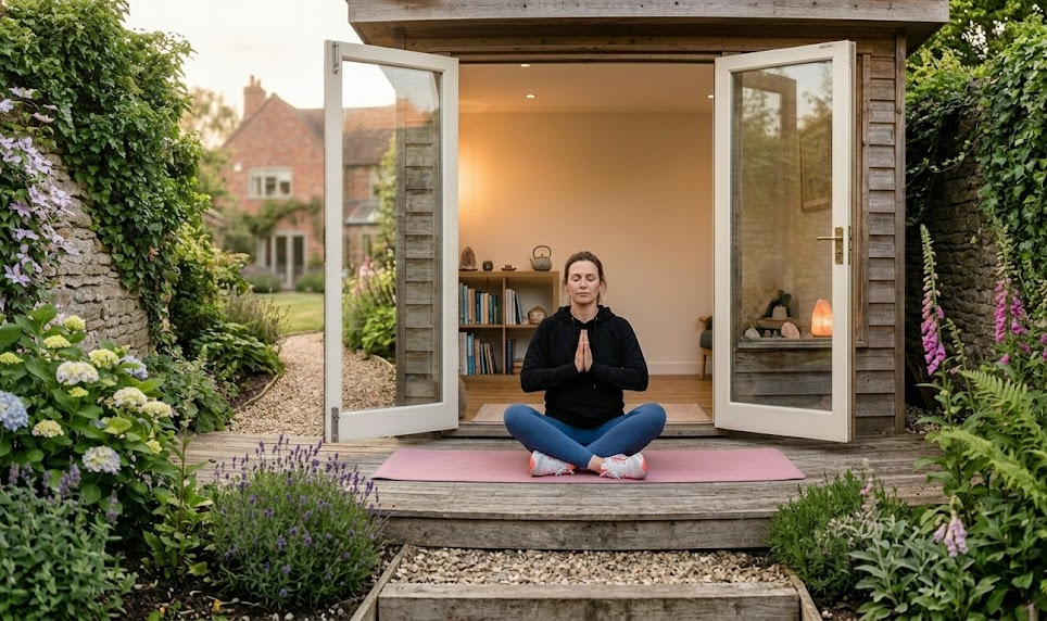 Woman practicing yoga meditation on a mat in serene garden setting with open doors to a cosy room